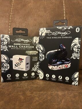 Ed Hardy Black True Wireless Earbuds with White Rapid Charge Wall Charger